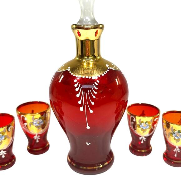 Bohemian Cranberry Glass Decanter Shot Glass Set Hand Painted Gold Floral Design - Picture 7 of 12